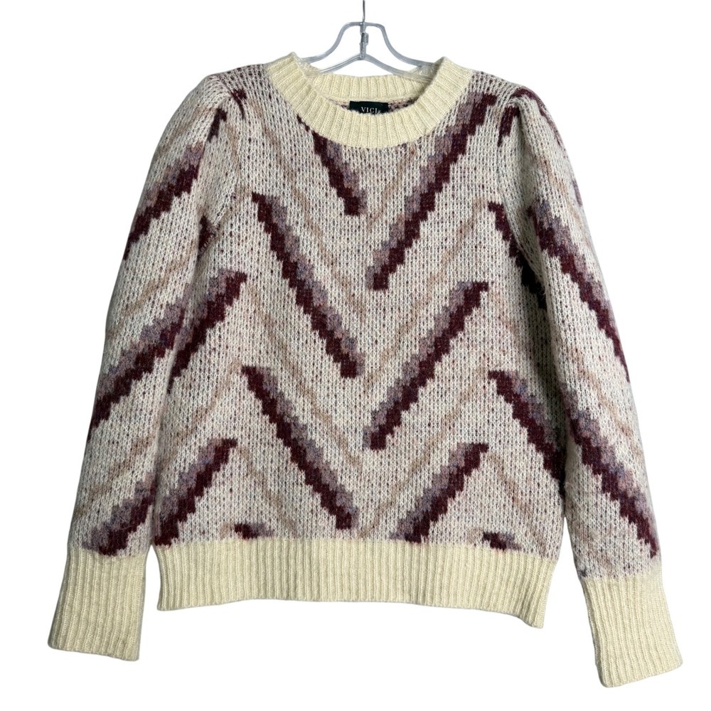 Vici Sweater Pullover Womens‎ L Ivory Free Spirit Chevron Knit Boho Cozy